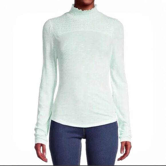 NWT Free People Caroline Smocked Turtleneck Top Blouse Iced Aqua Size medium - Picture 1 of 7